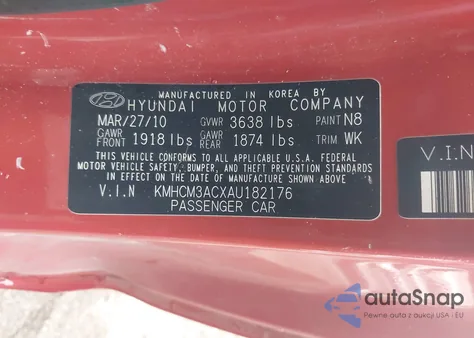 2010 Hyundai Accent Gs z USA, uszkodzony, nr VIN KMHCM3ACXAU182176